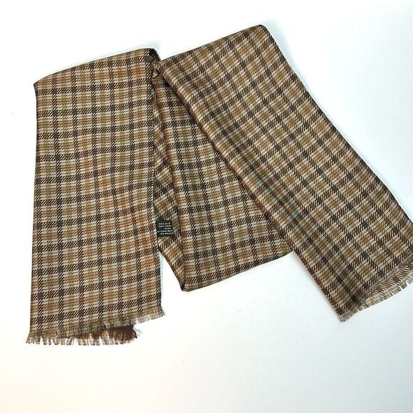 V. Fraas Men's Doubled Scarf Tan Beige Plaid Silk Brown Wool Lining Italy made - Picture 2 of 9